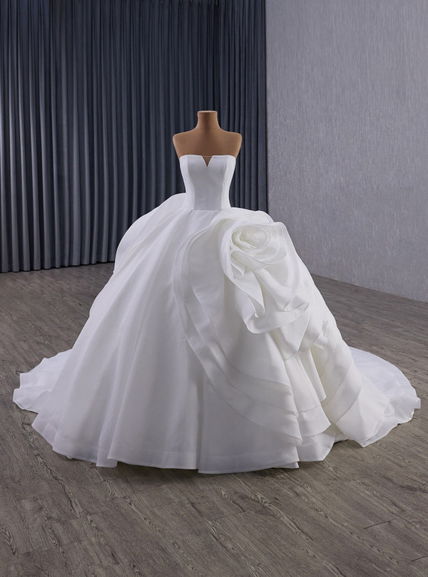 White Strapless 3D Flower Wedding Dress