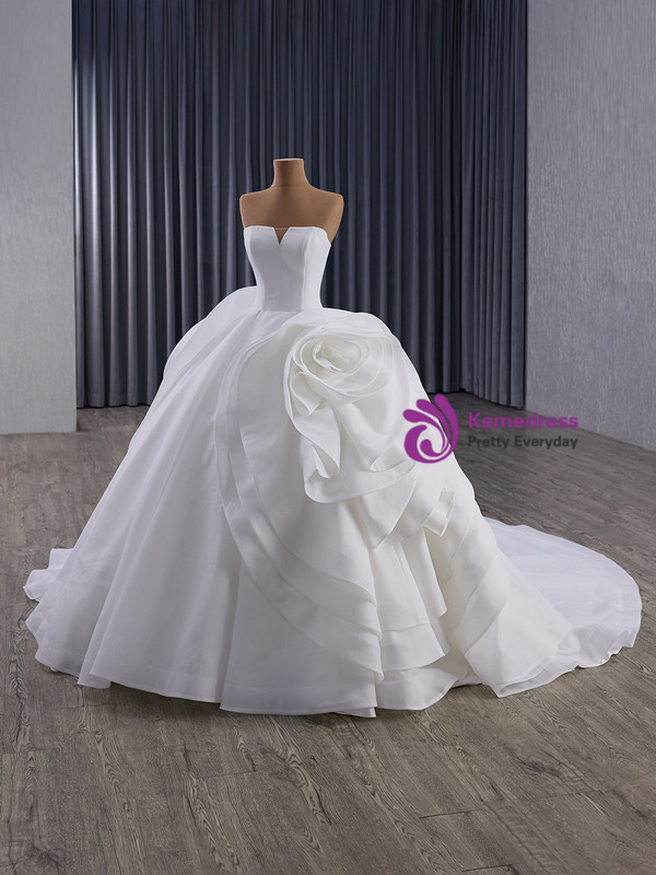 White Strapless 3D Flower Wedding Dress