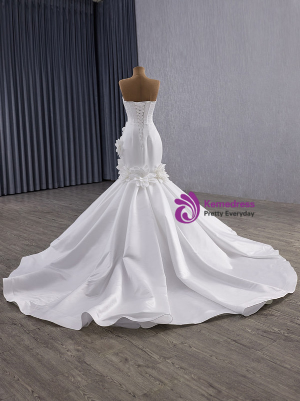 Sexy White Mermaid Satin Strapless 3D Flower Wedding Dress