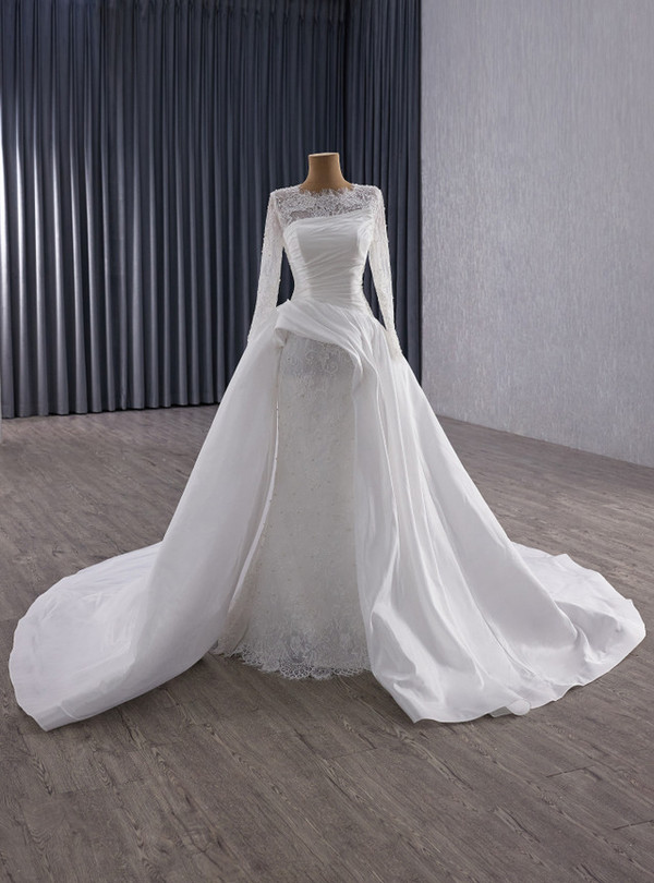 White Mermaid Lace Satin Long Sleeve Wedding Dress
