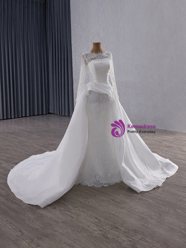 White Mermaid Lace Satin Long Sleeve Wedding Dress