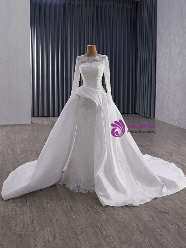 White Mermaid Lace Satin Long Sleeve Wedding Dress