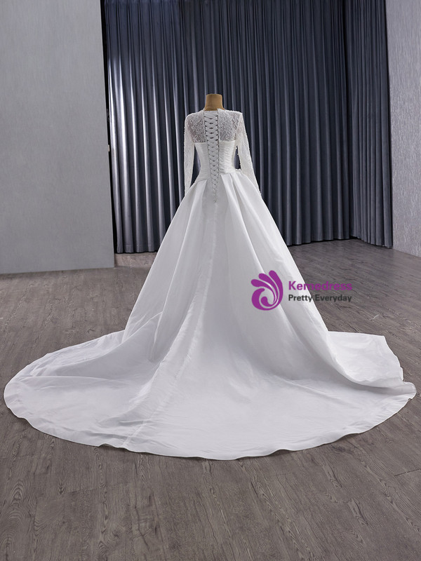 White Mermaid Lace Satin Long Sleeve Wedding Dress