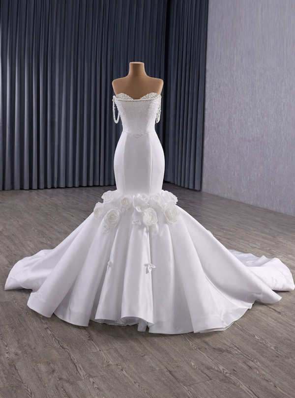 White Satin Mermaid 3D Flower Beading Wedding Dress
