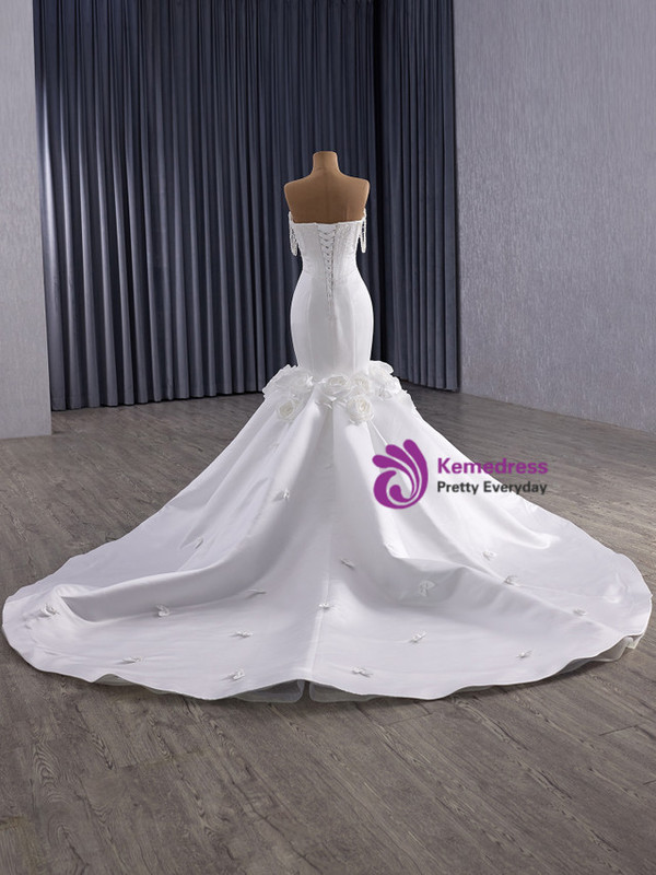 White Satin Mermaid 3D Flower Beading Wedding Dress