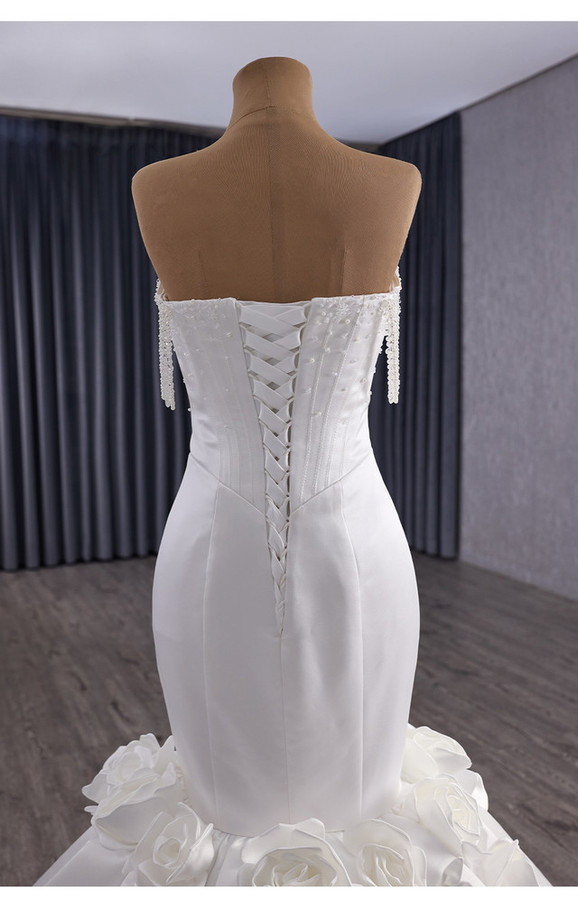 White Satin Mermaid 3D Flower Beading Wedding Dress