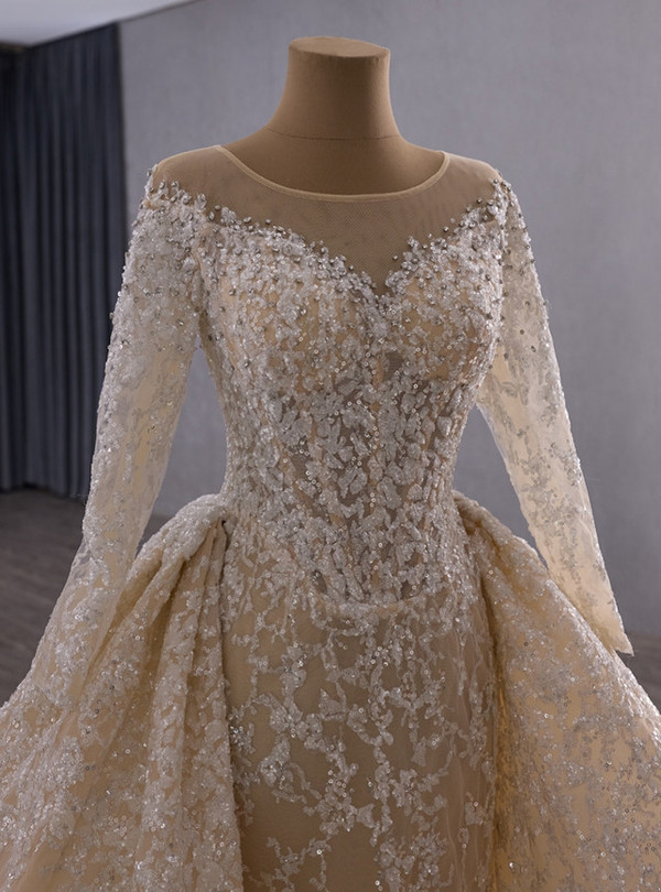 Champagne Tulle Sequins Long Sleeve Wedding Dress