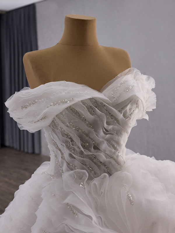 Vintage White Tulle Tiers Sequins Off the Shoulder Wedding Dress