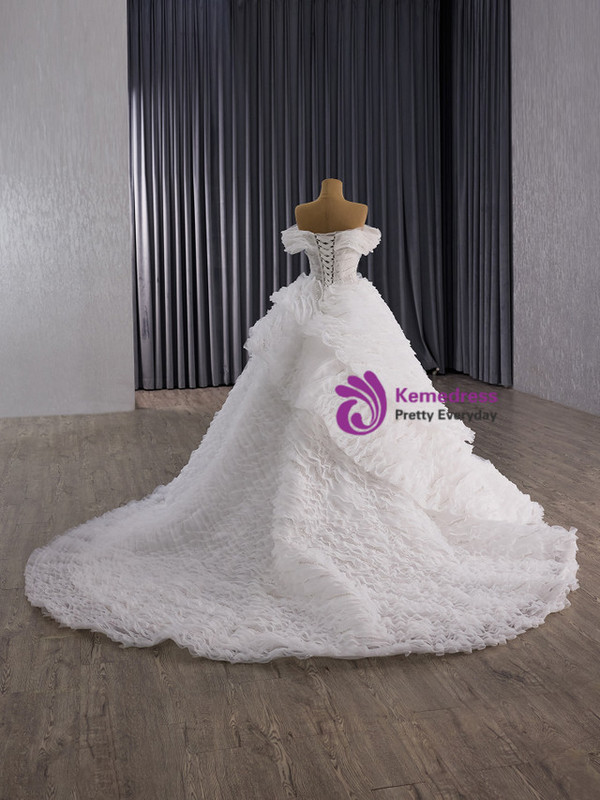 Vintage White Tulle Tiers Sequins Off the Shoulder Wedding Dress