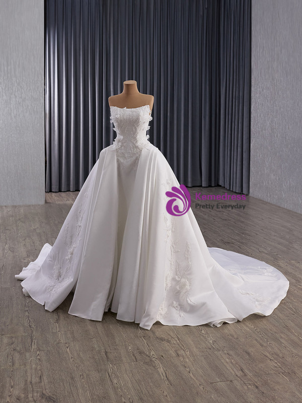 Fashion White Satin Strapless Appliques Wedding Dress