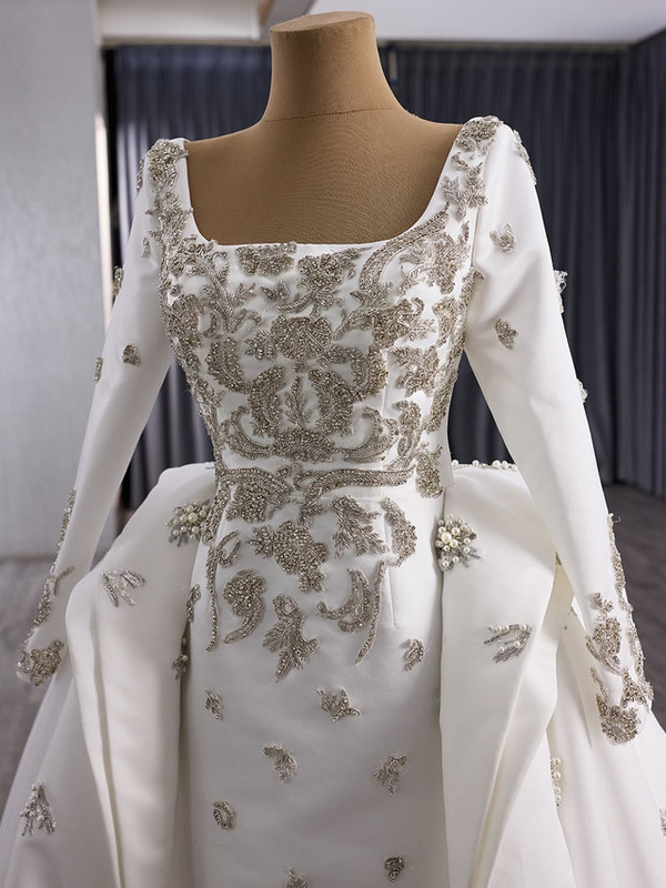 White Satin Long Sleeve Crystal Beading Wedding Dress