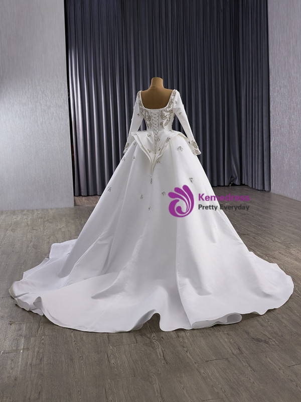 White Satin Long Sleeve Crystal Beading Wedding Dress