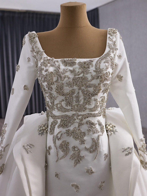 White Satin Long Sleeve Crystal Beading Wedding Dress