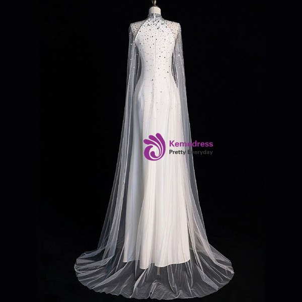 Sexy White Mermaid Tulle Crystal Wedding Dress