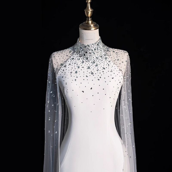 Sexy White Mermaid Tulle Crystal Wedding Dress