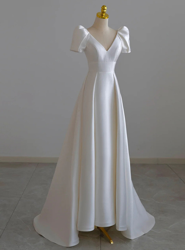 Ivory White Satin V-neck Short Sleeve Wedding Dress