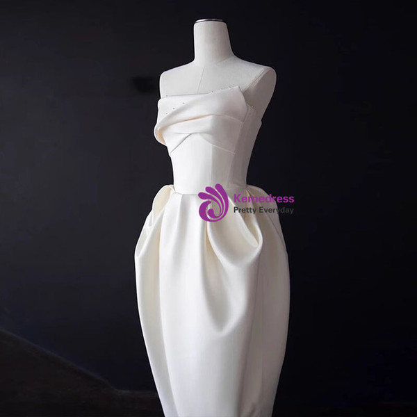 White Satin Strapless Pleats Short Wedding Dress