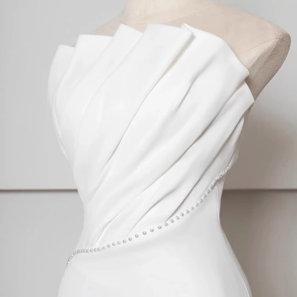 White Mermaid Strapless Pleats Pearls Wedding Dress