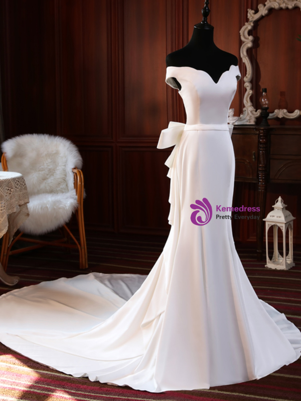 Simple White Mermaid Off the Shoulder Bow Wedding Dress