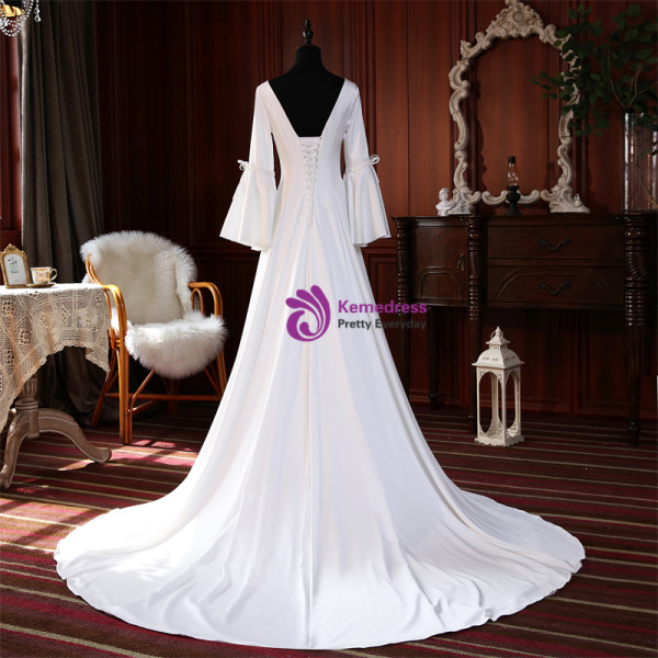 White Satin V-neck Long Sleeve Wedding Dress