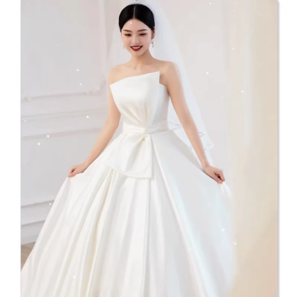 Beige White Satin Strapless Pleats Wedding Dress