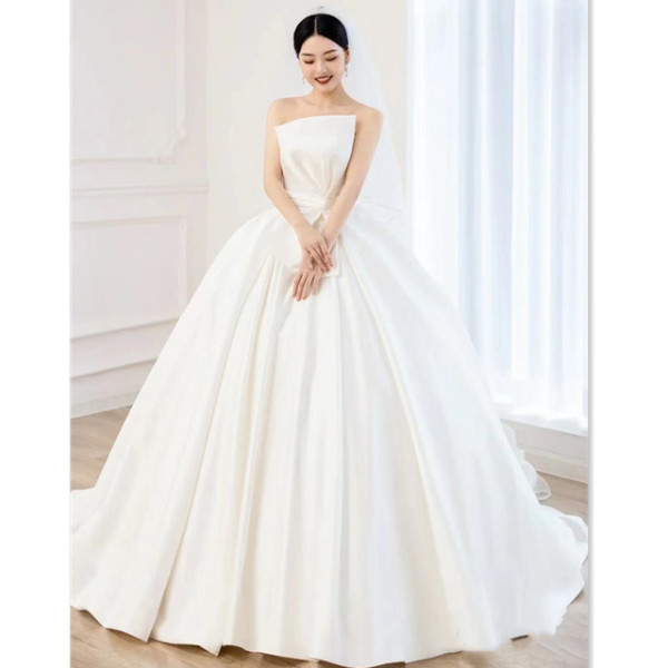 Beige White Satin Strapless Pleats Wedding Dress