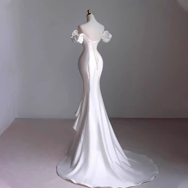 Sexy White Mermaid Hi Lo Satin Beading Wedding Dress