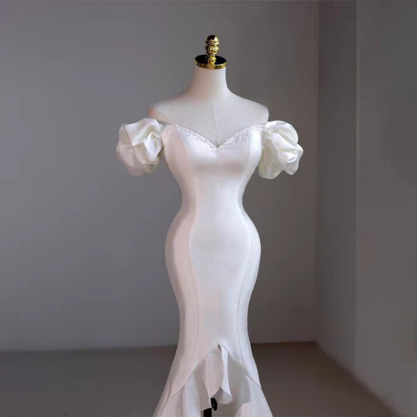 Sexy White Mermaid Hi Lo Satin Beading Wedding Dress
