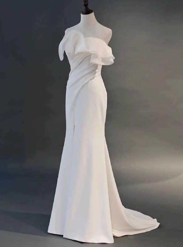 White Mermaid Pleats Wedding Dress
