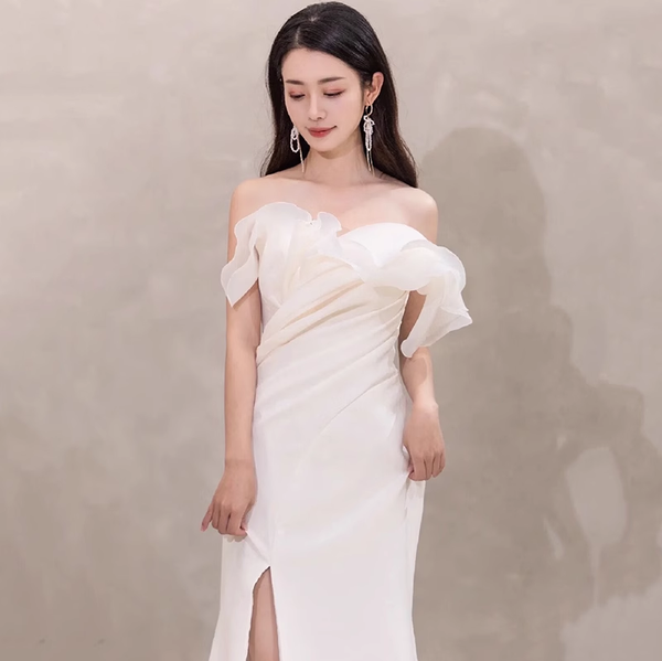 White Mermaid Pleats Wedding Dress