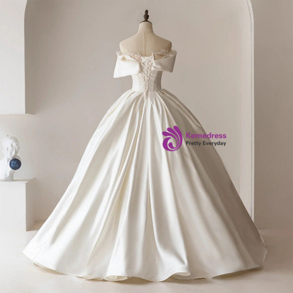 White Satin Off the Shoulder Wedding Dress