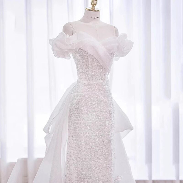 White Sequins Off the Shoulder Wedding Dress