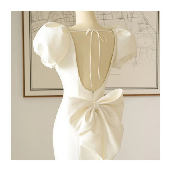 Mermaid Satin Puff Sleeve Bow Wedding Dress