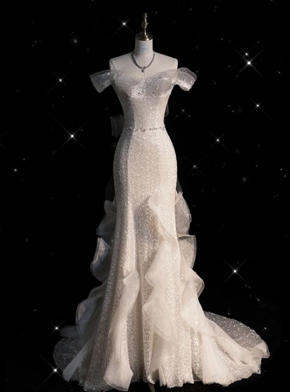 Sexy White Mermaid Sequins Off the Shoulder Wedding Dress