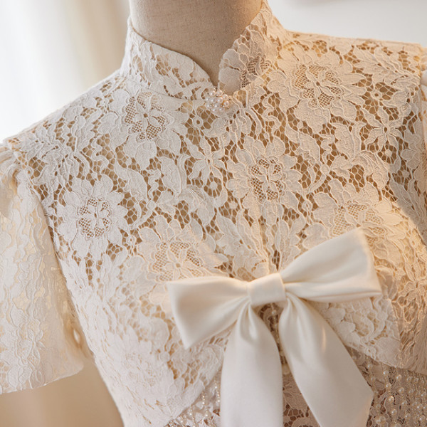 Puff Sleeve Lace Tea Length Wedding Dress