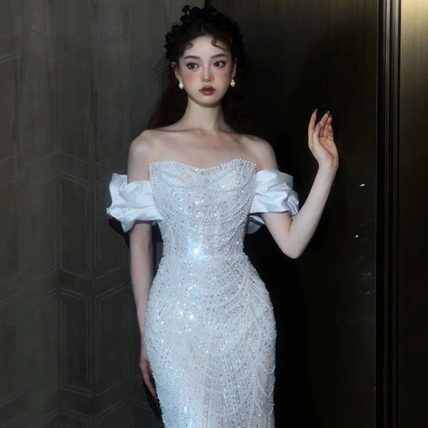 White Mermaid Sequins Pearls Wedding Dress 