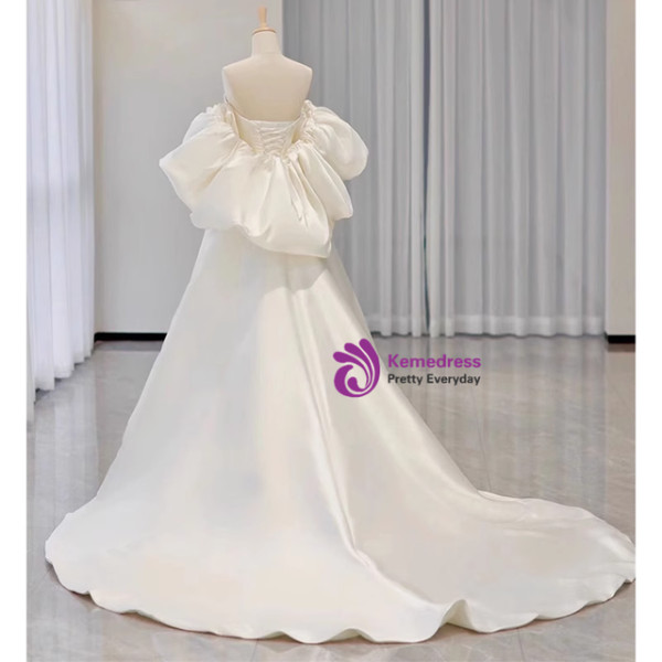 Beige White Satin Strapless Wedding Dress