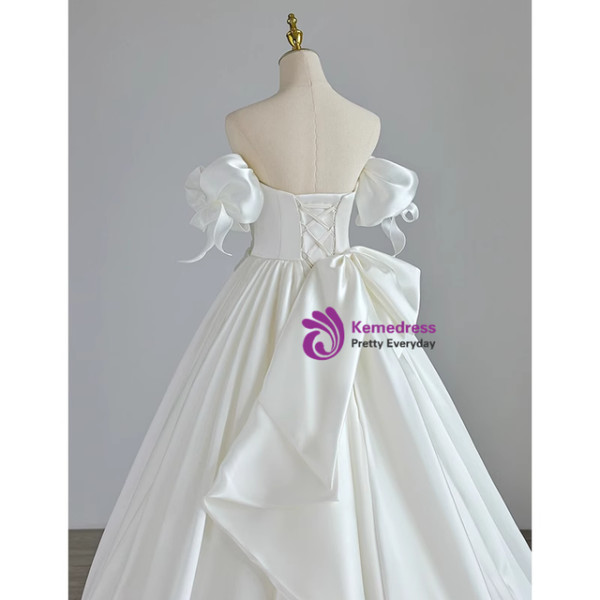 Beige White Satin Strapless Wedding Dress