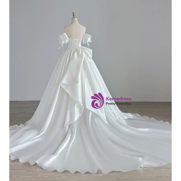 Beige White Satin Strapless Wedding Dress