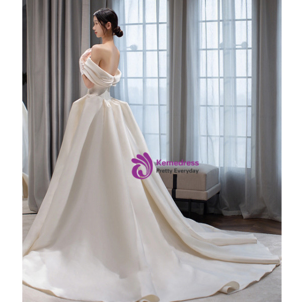 Beige White Satin Lace Off the Shoulder Wedding Dress