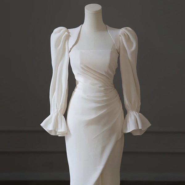 White Mermaid Strapless Pleats Wedding Dress 