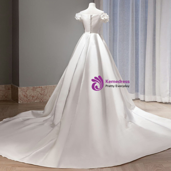 White Satin Off the Shoulder Pleats Flower Wedding Dress