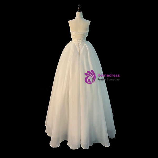 White Tulle Strapless Pleats Wedding Dress