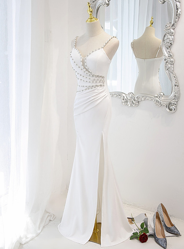 White Mermaid Spaghetti Straps Pearls Wedding Dress