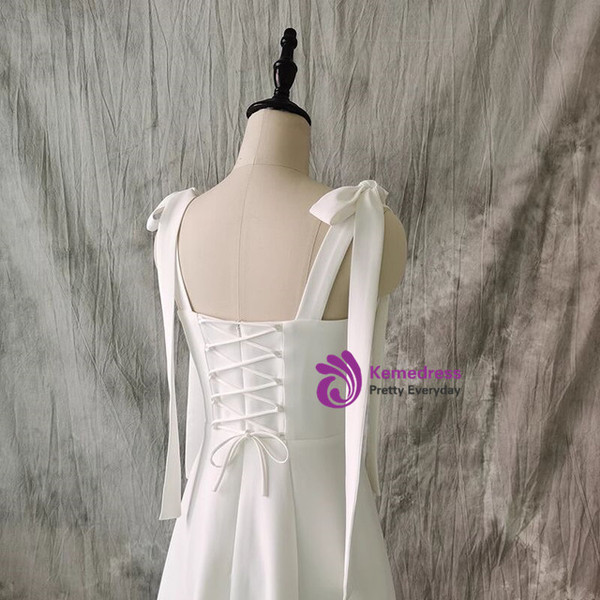 Simple White Straps Bow Short Wedding Dress