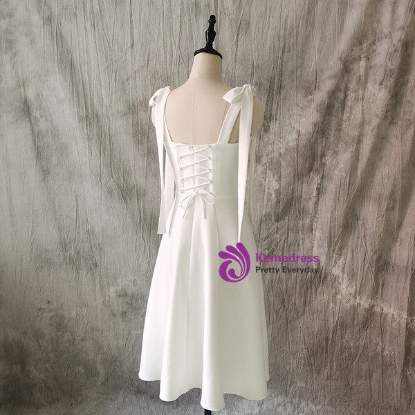 Simple White Straps Bow Short Wedding Dress