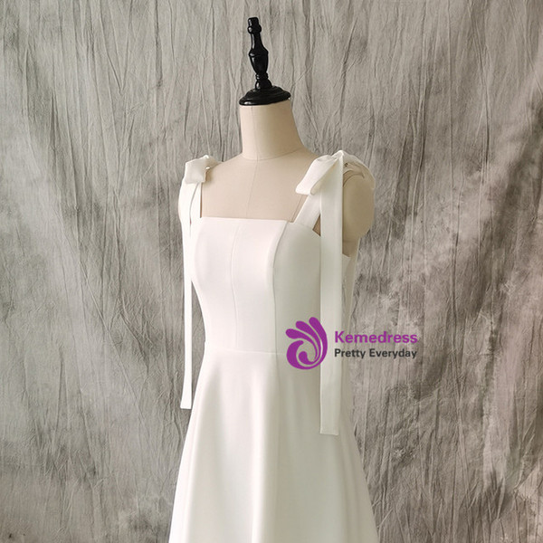 Simple White Straps Bow Short Wedding Dress