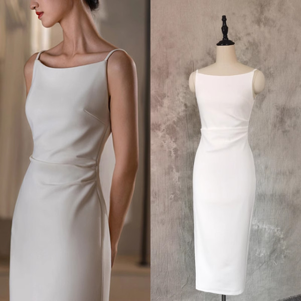 White Spaghetti Straps Pleats Wedding Dress