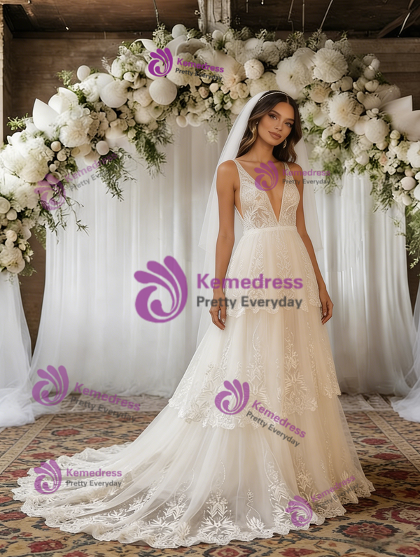 Ivory Tulle Lace V-neck Wedding Dress