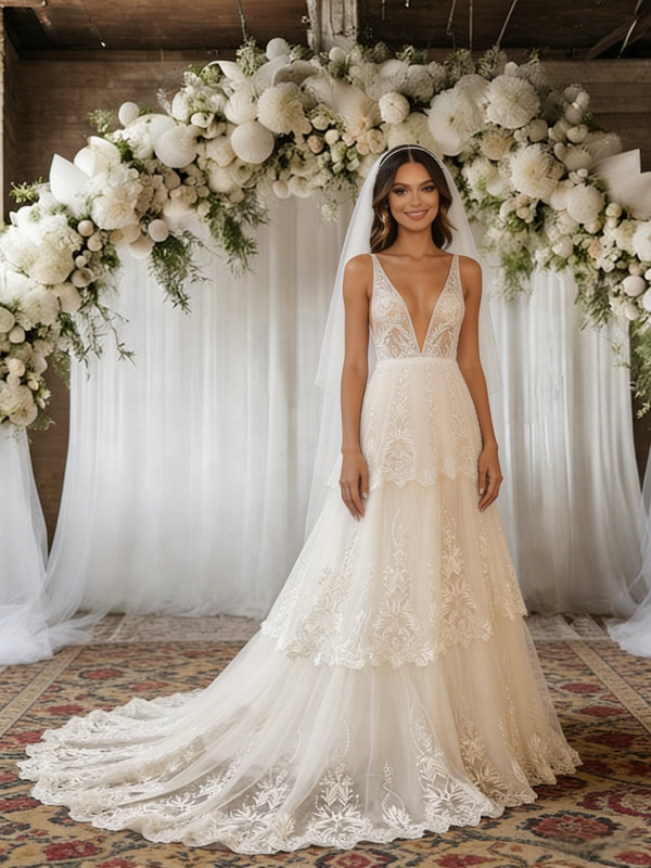 Ivory Tulle Lace V-neck Wedding Dress